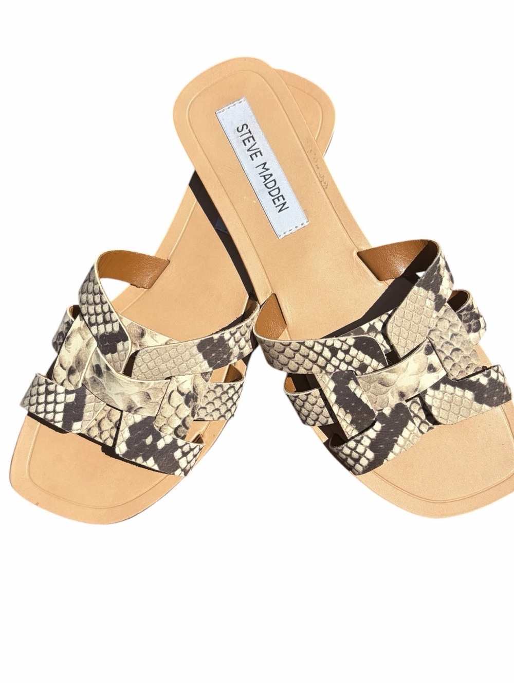Steve Madden Beige and Black Snake-Print Slide Sandals